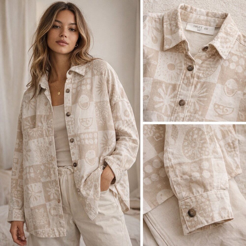 Smiley x H&M Oversized Patchwork Graphic Button Up Shacket Size L Y2K Streetwear